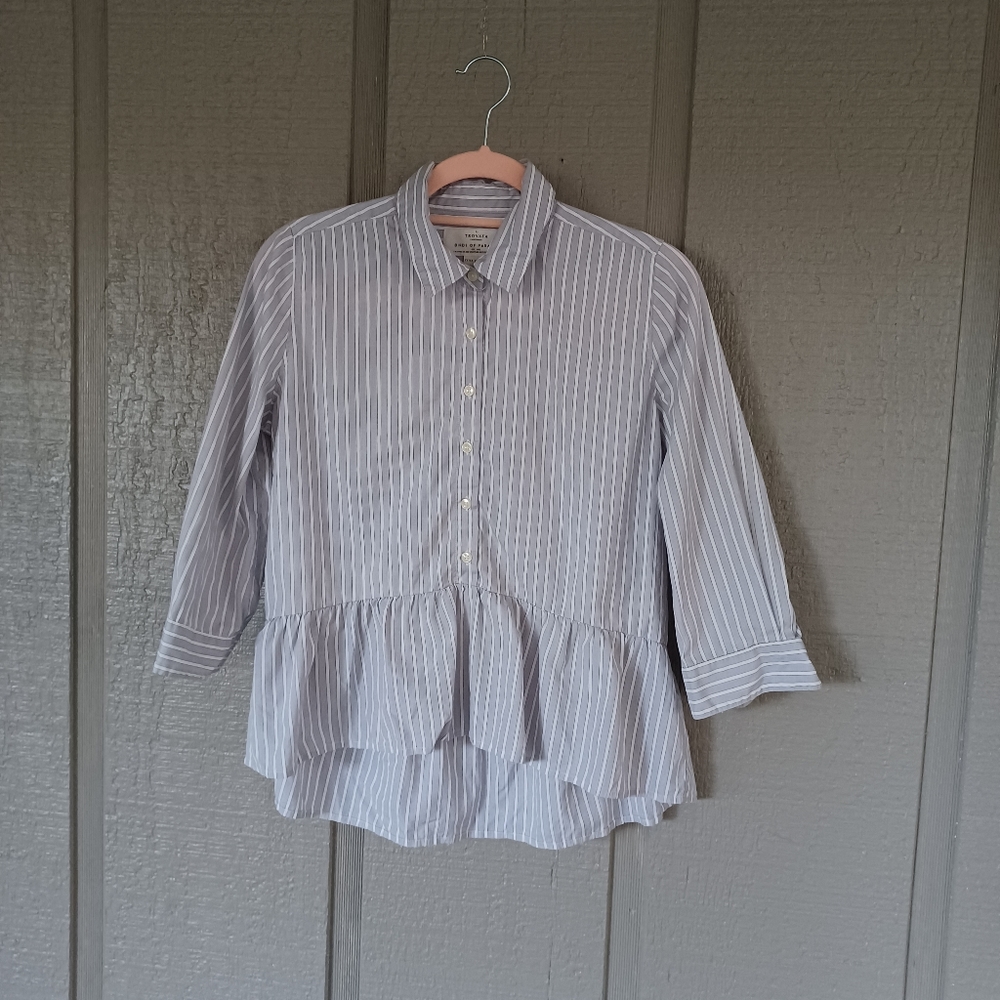 Trovata Birds Of Paradis Striped Peplum SZ XS Top Button Collared Cotton Preppy